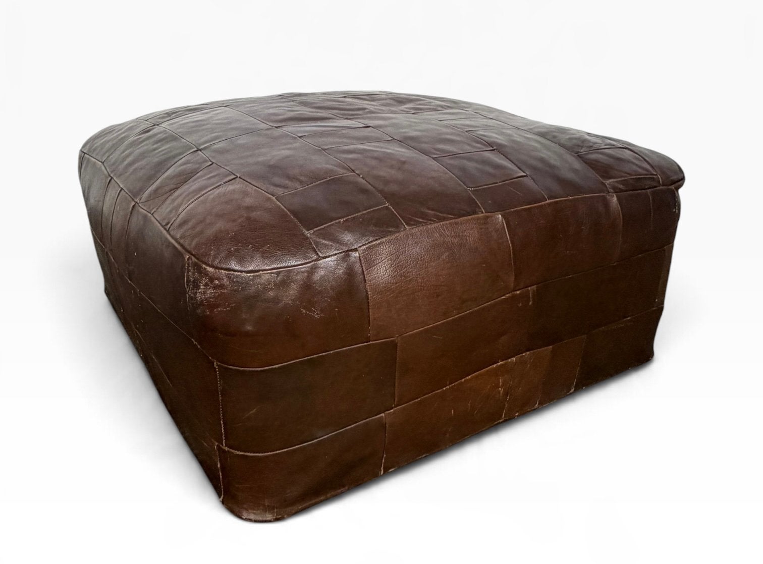 Vintage leren poef – patchwork bruin leer – royaal formaat, Ophalen, Leer, Zo goed als nieuw, Rechthoekig
