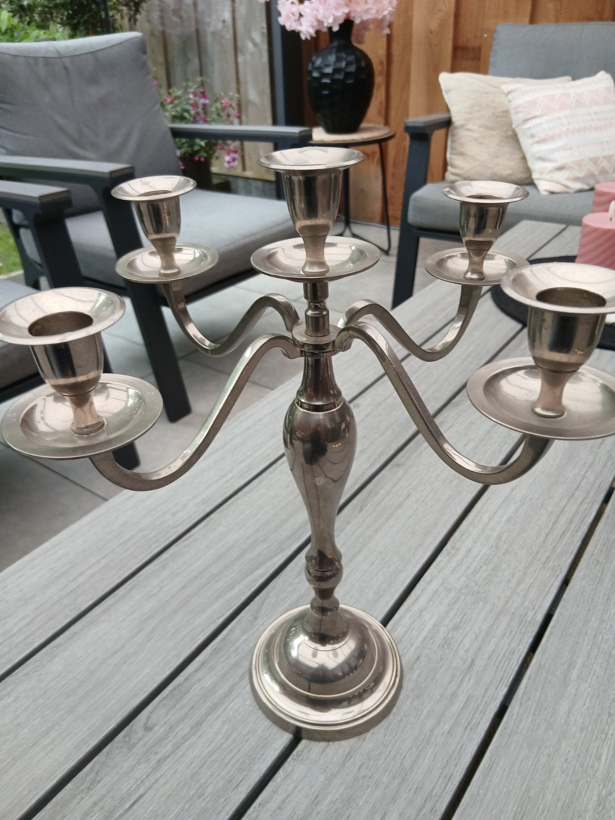 Elegante zilverkleurige kandelaar met 5 armen, Antiek en Kunst, Ophalen of Verzenden