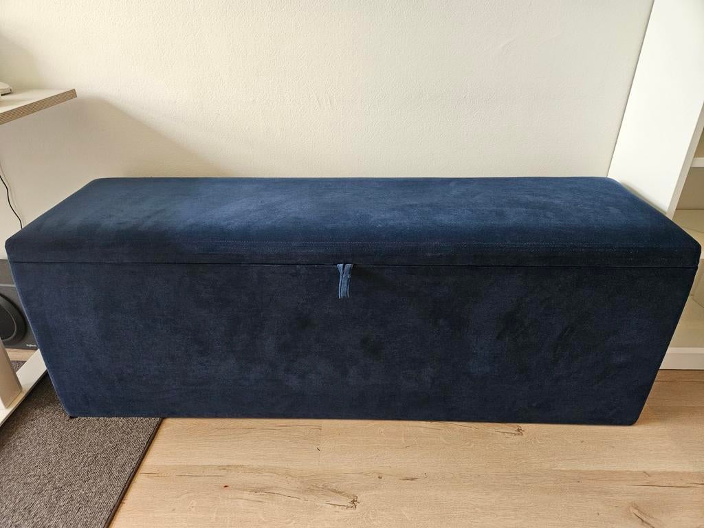 Bedkoffer / voetenbank - Donkerblauw velvet (140x40x50cm), Ophalen, 125 cm of meer, Modern, Elegant, Zo goed als nieuw