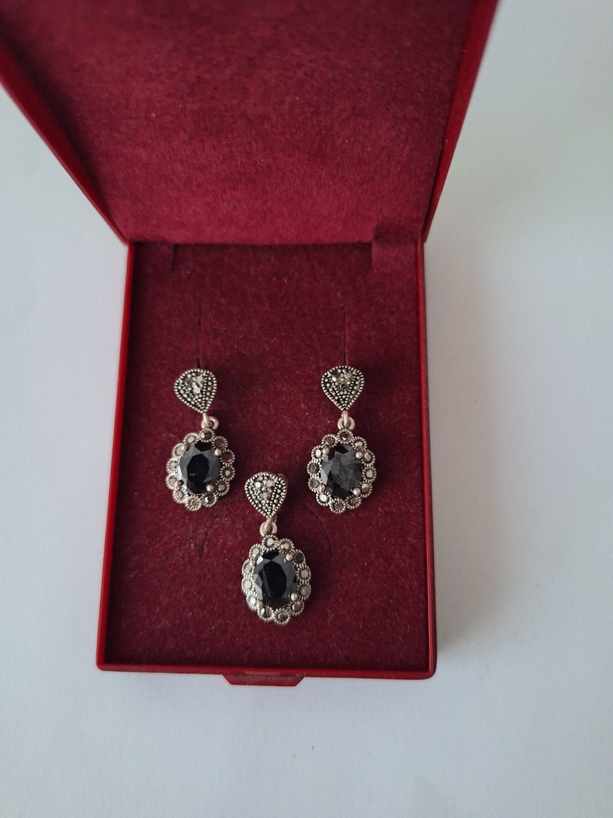 925 sterling zilveren oorbellen ketting met marcasiet onyx, Verzenden, Zwart, Nieuw, Zilver