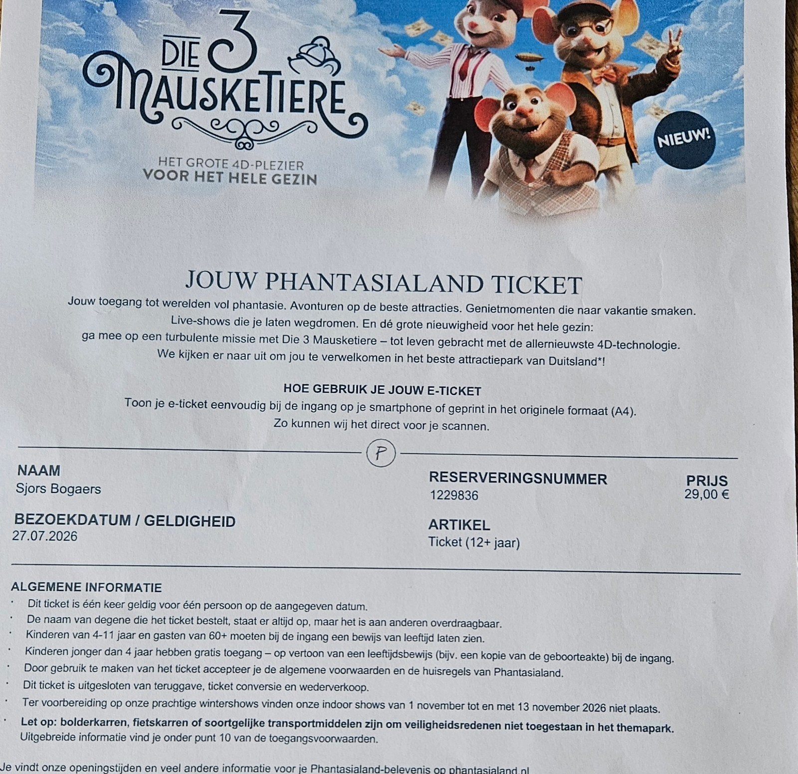 te koop 1 dag ticket Phantasialand voor 27 juli!!, Eén persoon, Ticket of Toegangskaart