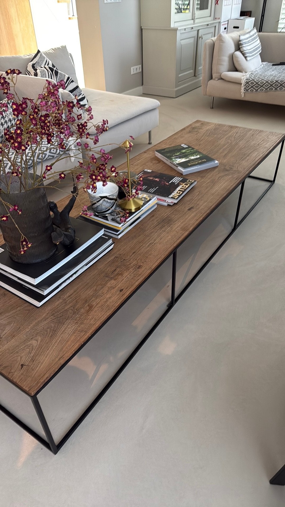 Salontafel 65x220x35cm zwarte metalen onderstel blad hout, Ophalen, Teakhout, 200 cm of meer, 50 tot 100 cm