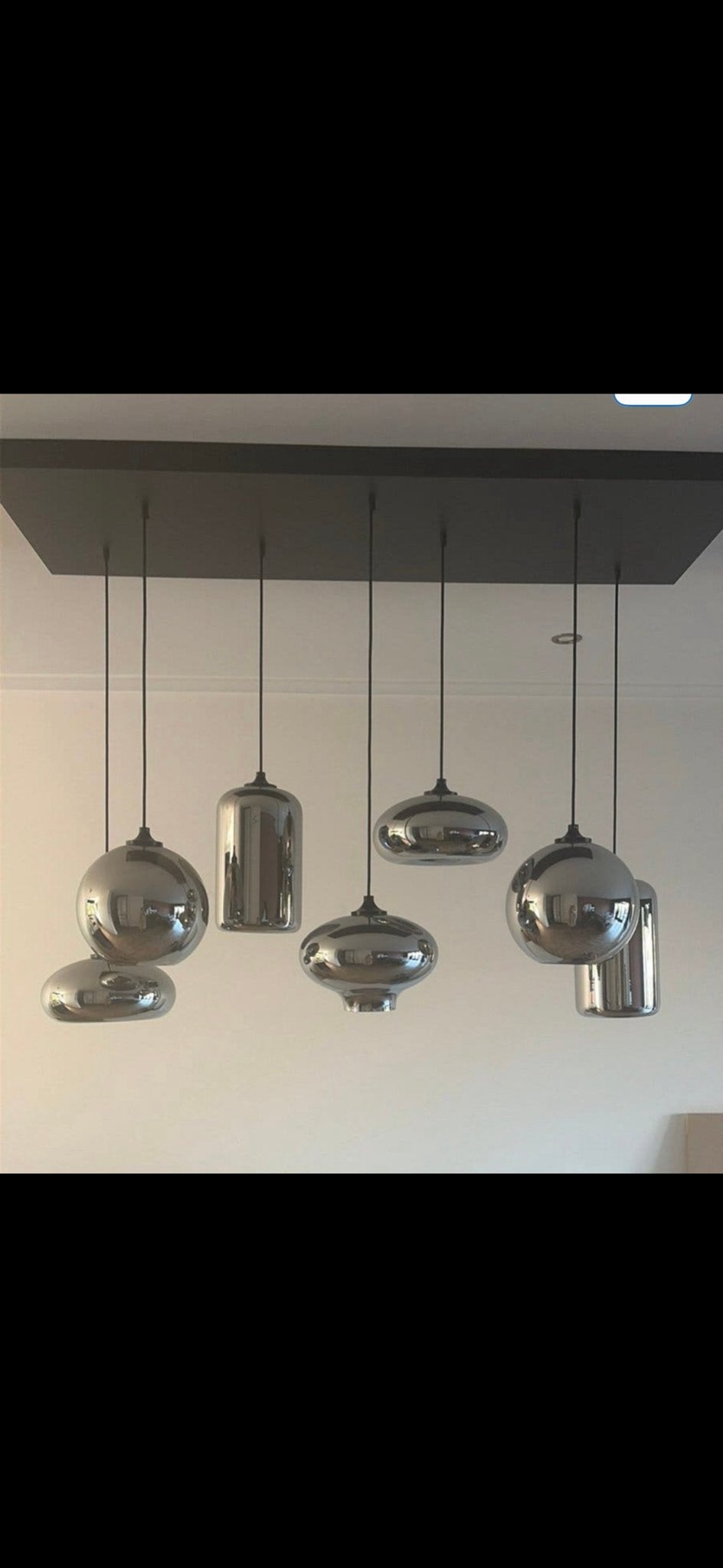 Moderne hanglamp met 7 rookglazen kappen, Ophalen of Verzenden, Zo goed als nieuw, Glas, Overige fittingen