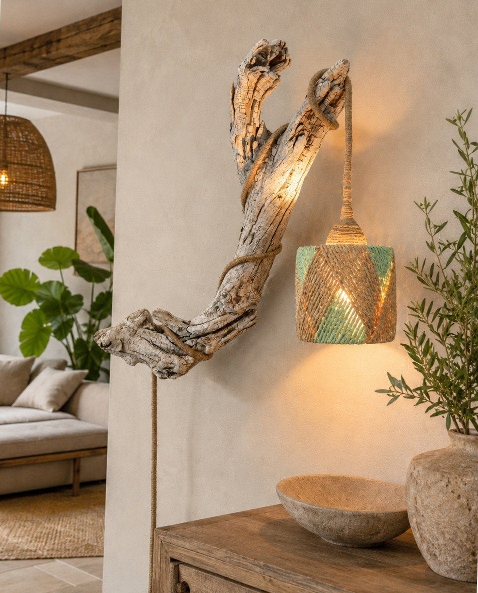Unieke drijfhout wandlamp met touw en gevlochten kap, Huis en Inrichting, Lampen | Wandlampen, Ophalen of Verzenden, Nieuw, Hout