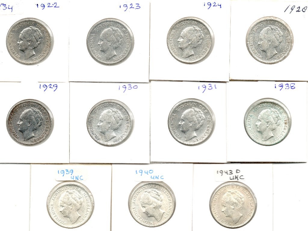 WILHELMINA SET GULDENS 1922 T/M 1943 AAN TAL STUKS 11 ZILVER, Postzegels en Munten, 1 gulden, Setje, Zilver, Ophalen of Verzenden