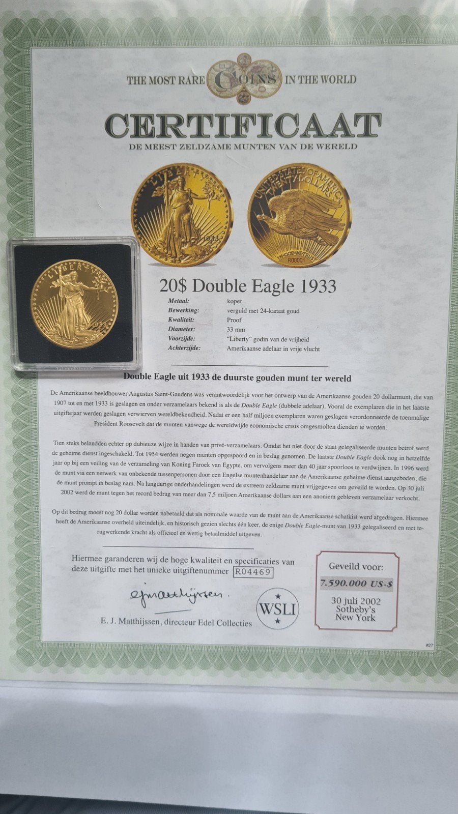 20 Doller Double aEagle 1933 verguld met 24 karaats goud., Verzenden, Midden-Oosten, Losse munt, Goud