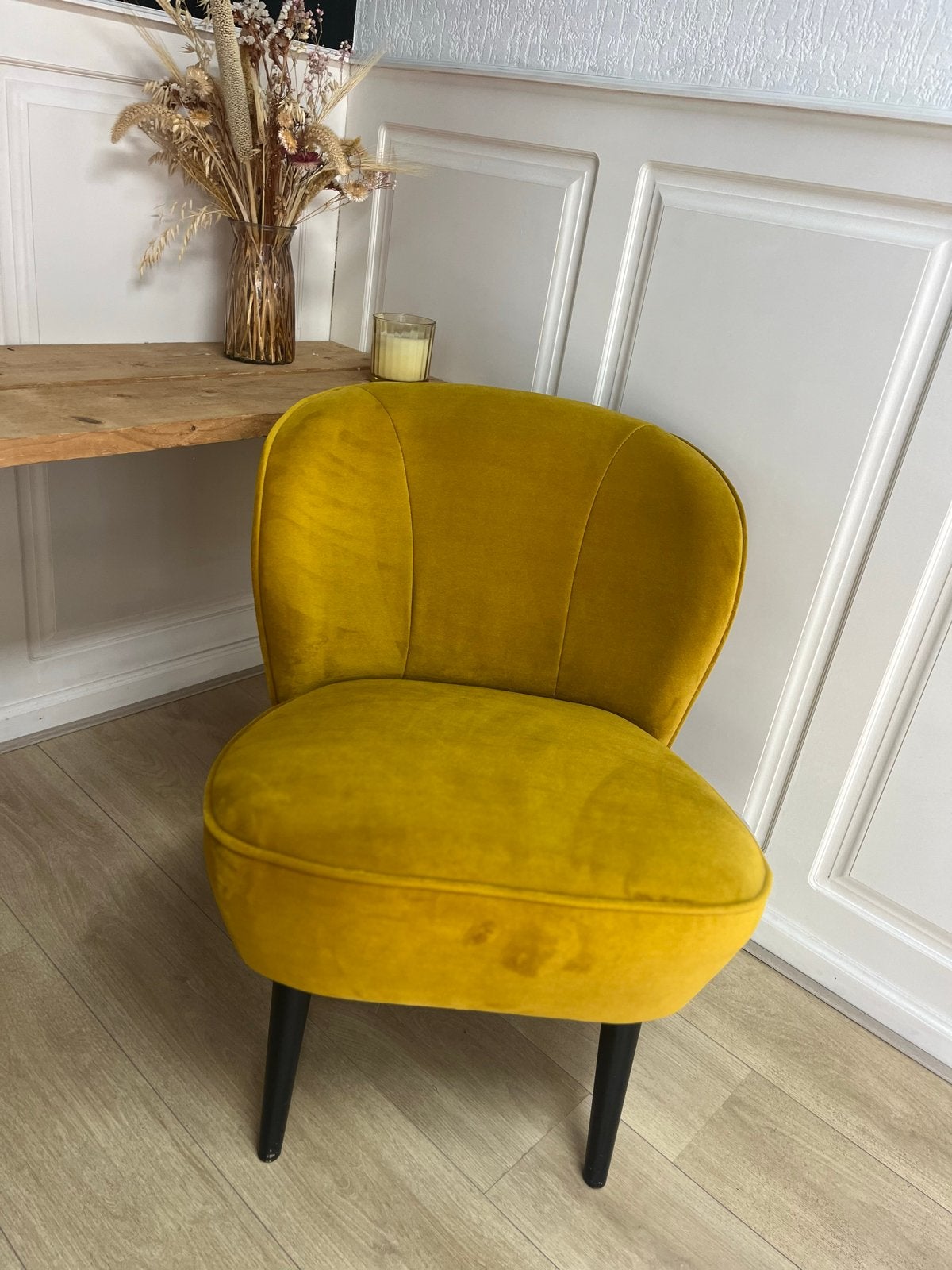 Woood fauteuil, okergeel fluweel, Huis en Inrichting, Stoelen, Ophalen, Overige kleuren, Zo goed als nieuw, Eén