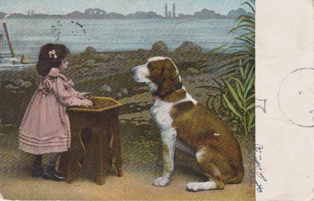 Meisje met grote Hond. Zeer oude AK. 1902, Ophalen of Verzenden, Voor 1920, Gelopen, Kinderen