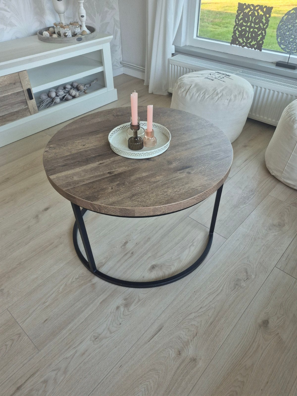 ronde salontafel houten blad en metalen onderstel, 50 tot 100 cm, Modern, Industrieel, Rond, 50 tot 100 cm