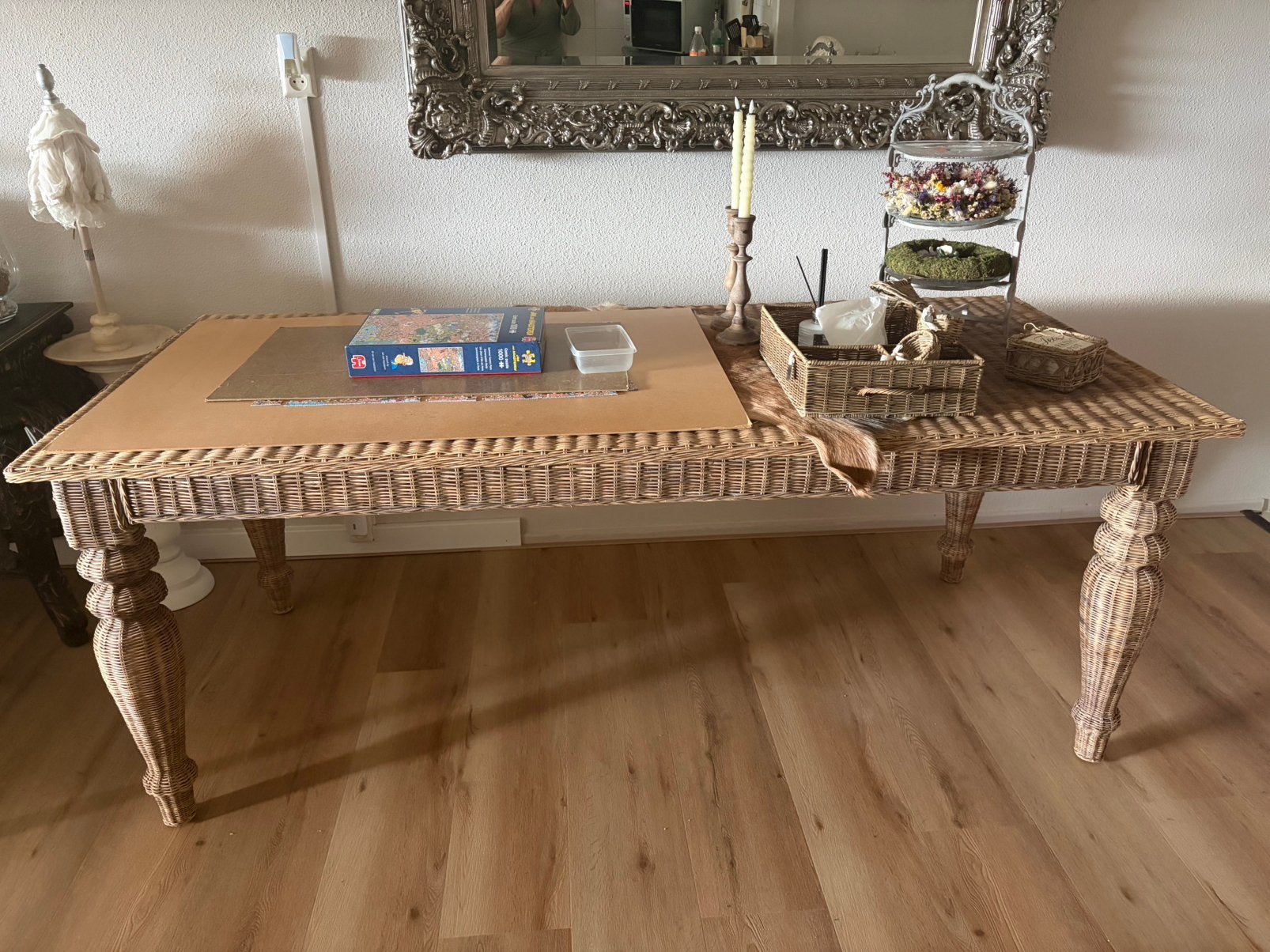 Rieten eettafel, Huis en Inrichting, Ophalen, Gebruikt, 50 tot 100 cm, Vijf personen of meer