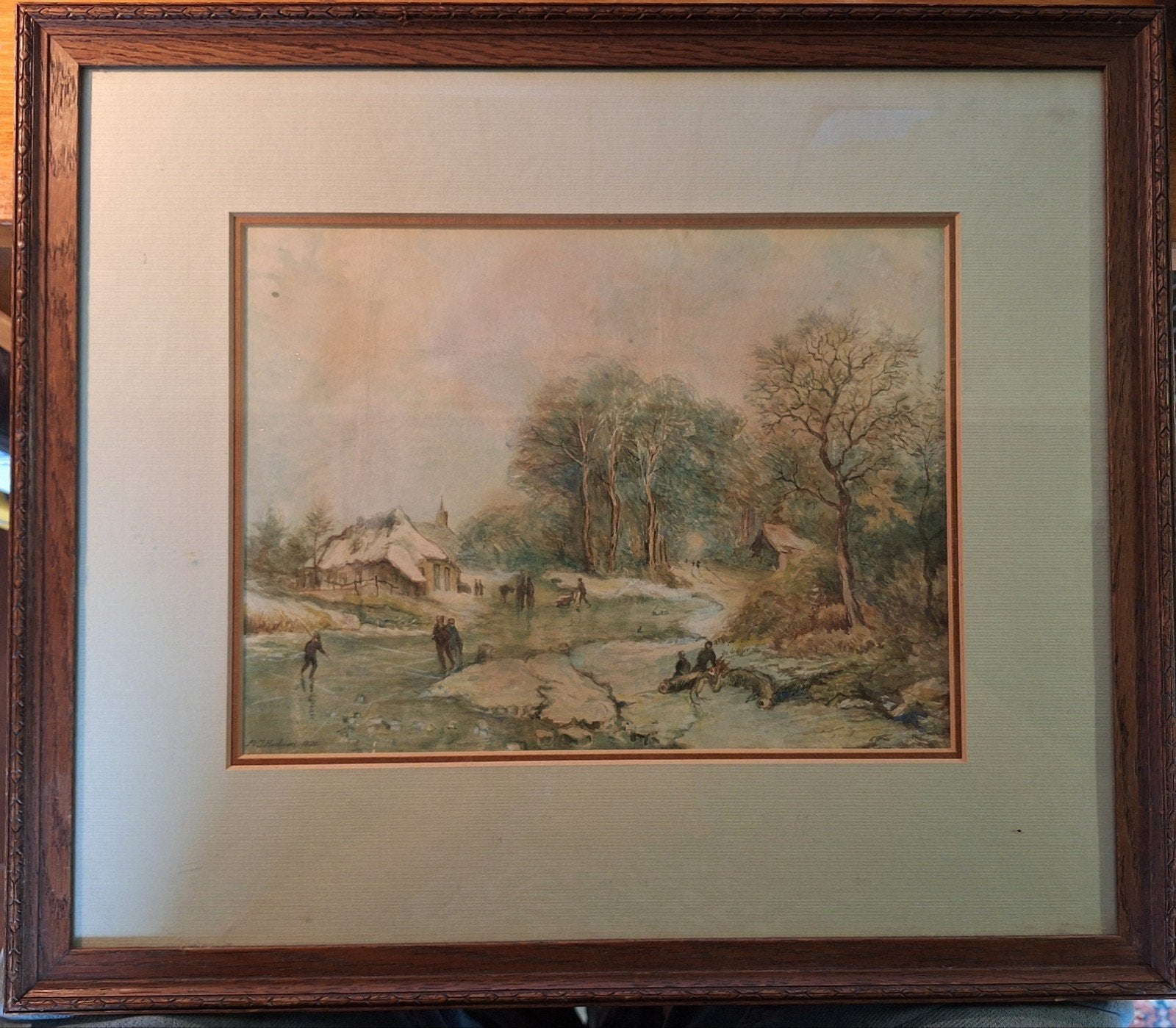 Antieke Aquarel: winterlandschap, Verzenden, Tekening, Aquarel, Gesigneerd