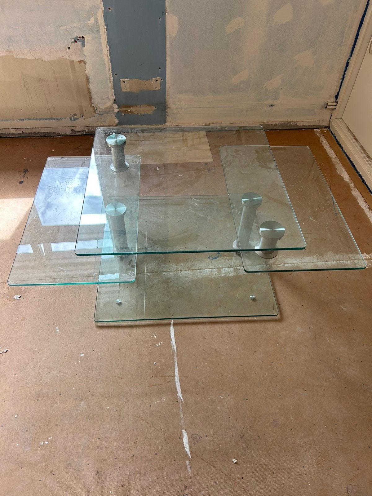 Bijzondere design salontafel – 3 lagen glas & RVS – vintage, Huis en Inrichting, Tafels | Salontafels, Ophalen, 50 tot 100 cm
