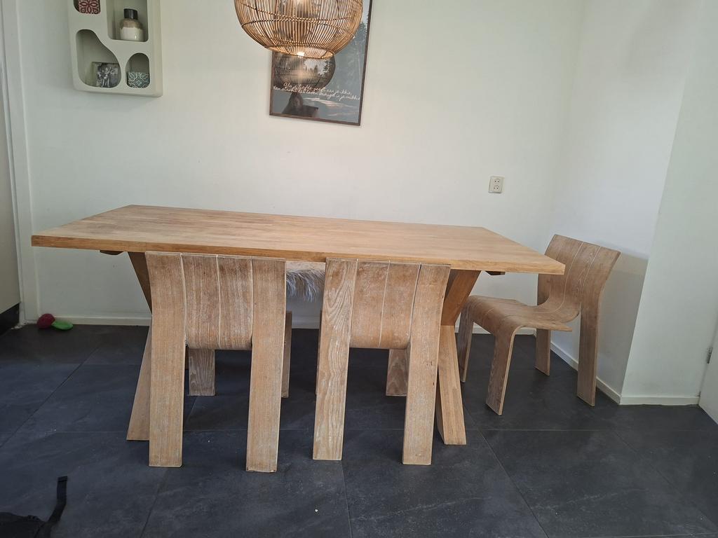 Blank houten eettafel van Woood, Huis en Inrichting, Tafels | Eettafels, Ophalen, 200 cm of meer, 50 tot 100 cm, Zo goed als nieuw