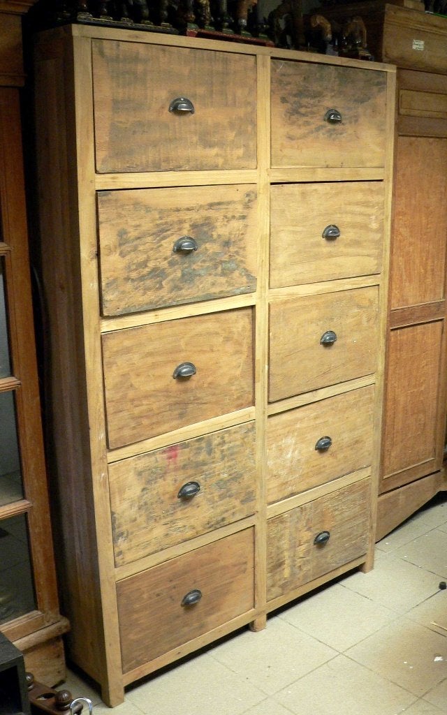 Grote ladenkast KA1 oud teak hout archief kast antiek, Antiek en Kunst, Ophalen of Verzenden