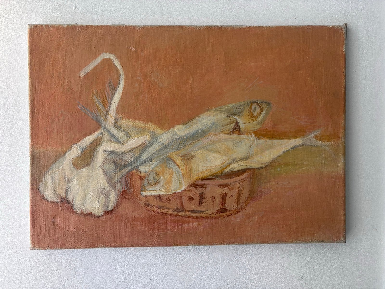 Han van Dam - Stilleven met vis - Olieverf op doek, Doek, Stilleven, Ophalen of Verzenden, Handgeschilderd