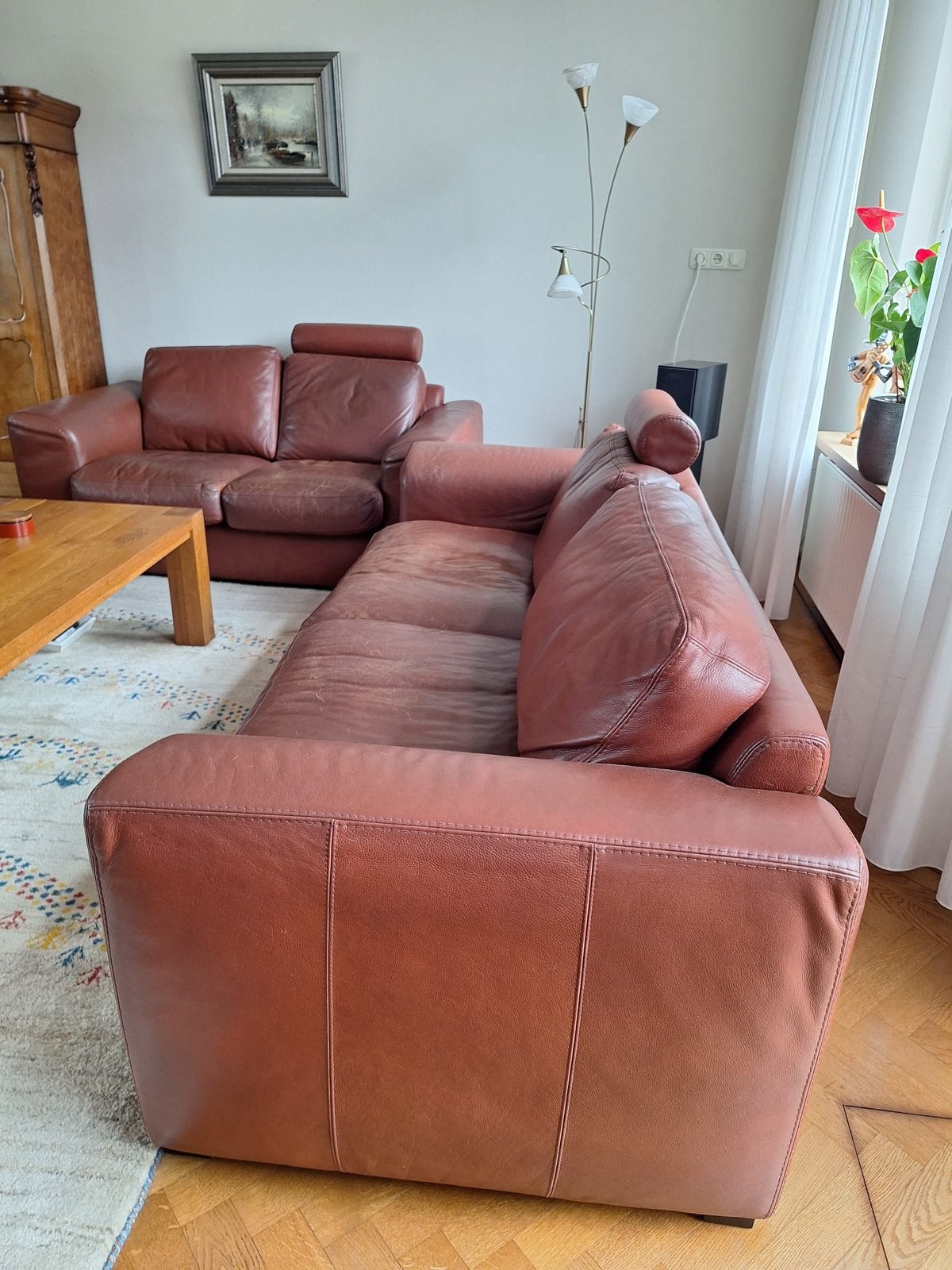 2 en 3 zits leren banken, Ophalen, Zo goed als nieuw, 200 tot 250 cm, Leer