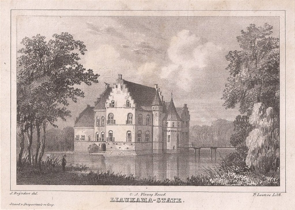 Friesland Sexbierum Liaukama-state 1841 Litho, Antiek en Kunst, Kunst | Etsen en Gravures, 10 cm, Origineel, 1800 - 1899, Architectuur