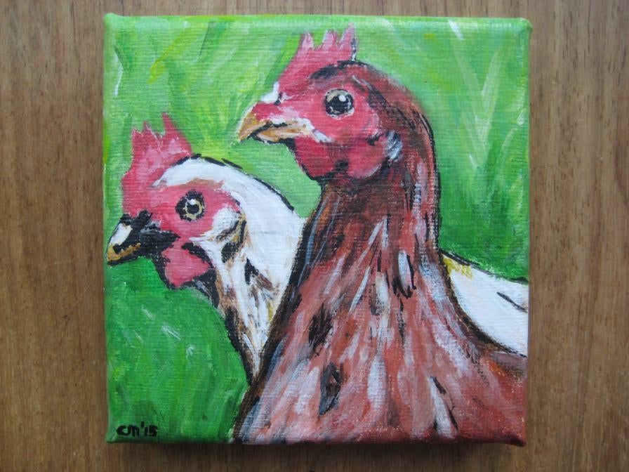 Handgeschilderd: Kippen 10 x 10 cm., Huis en Inrichting, Woonaccessoires | Schilderijen, Tekeningen en Foto's, Ophalen, Minder dan 50 cm