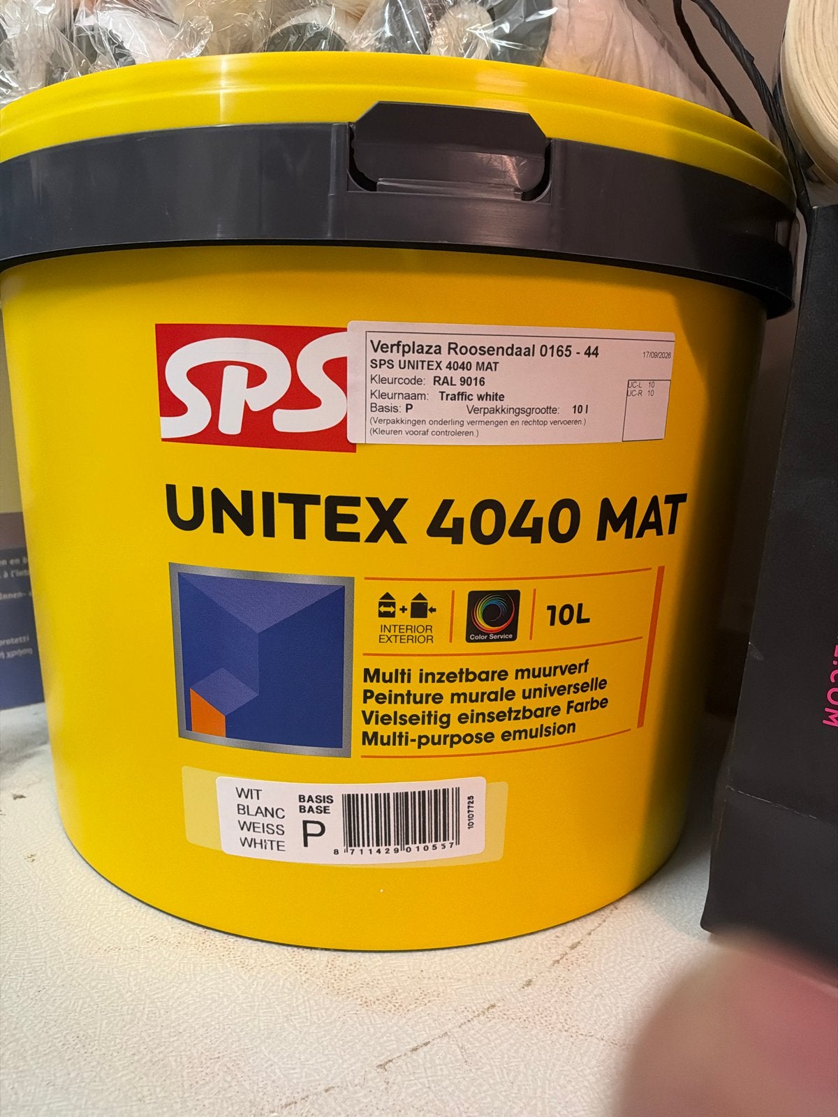 SPS Unitex 4040 Mat 9016 - 10L Traffic White Muurverf, Ophalen, 5 tot 10 liter, Wit, Nieuw