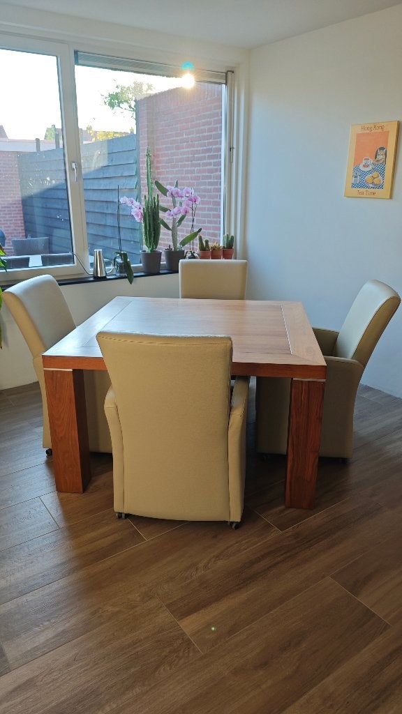 Massief notenhouten / walnoot design eethoek, Ophalen, Gebruikt, Vierkant, Vier personen