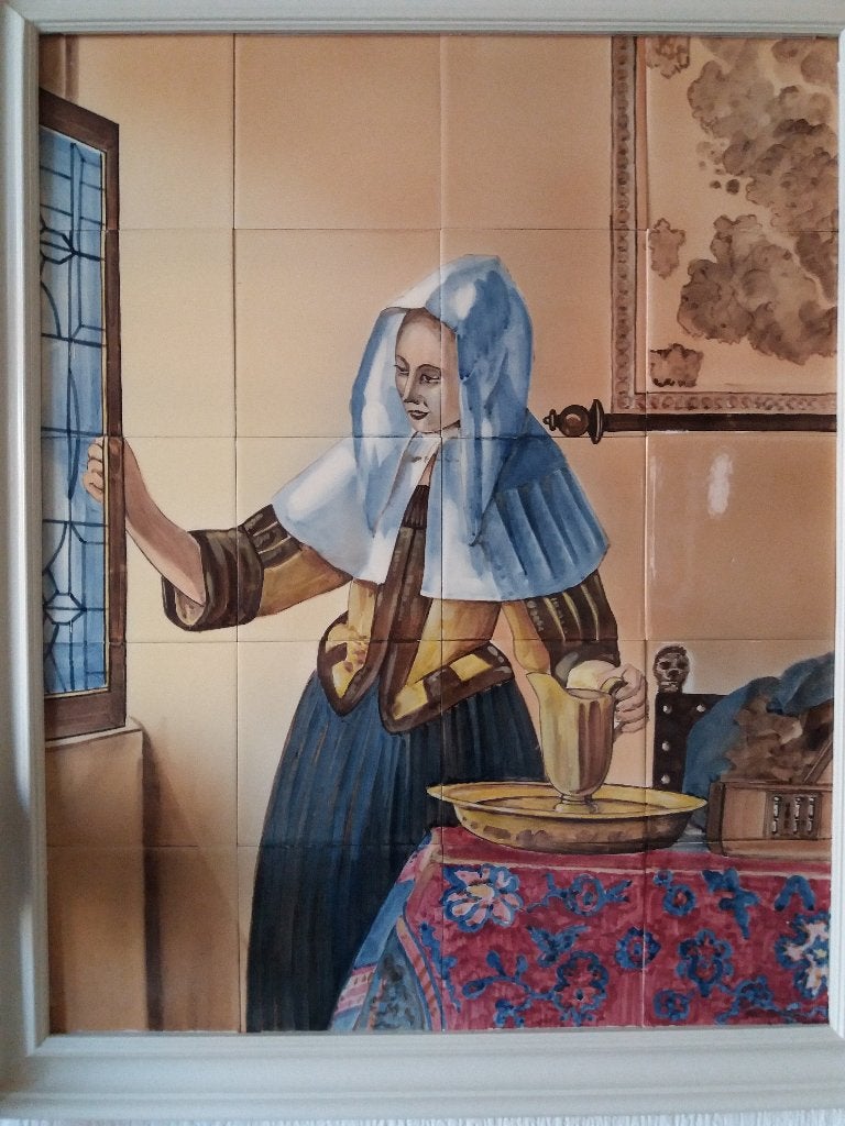 J.Vermeer tegeltableau 'vrouw met waterkan', Ophalen, Steen/keramiek, Zo goed als nieuw, Ingelijst