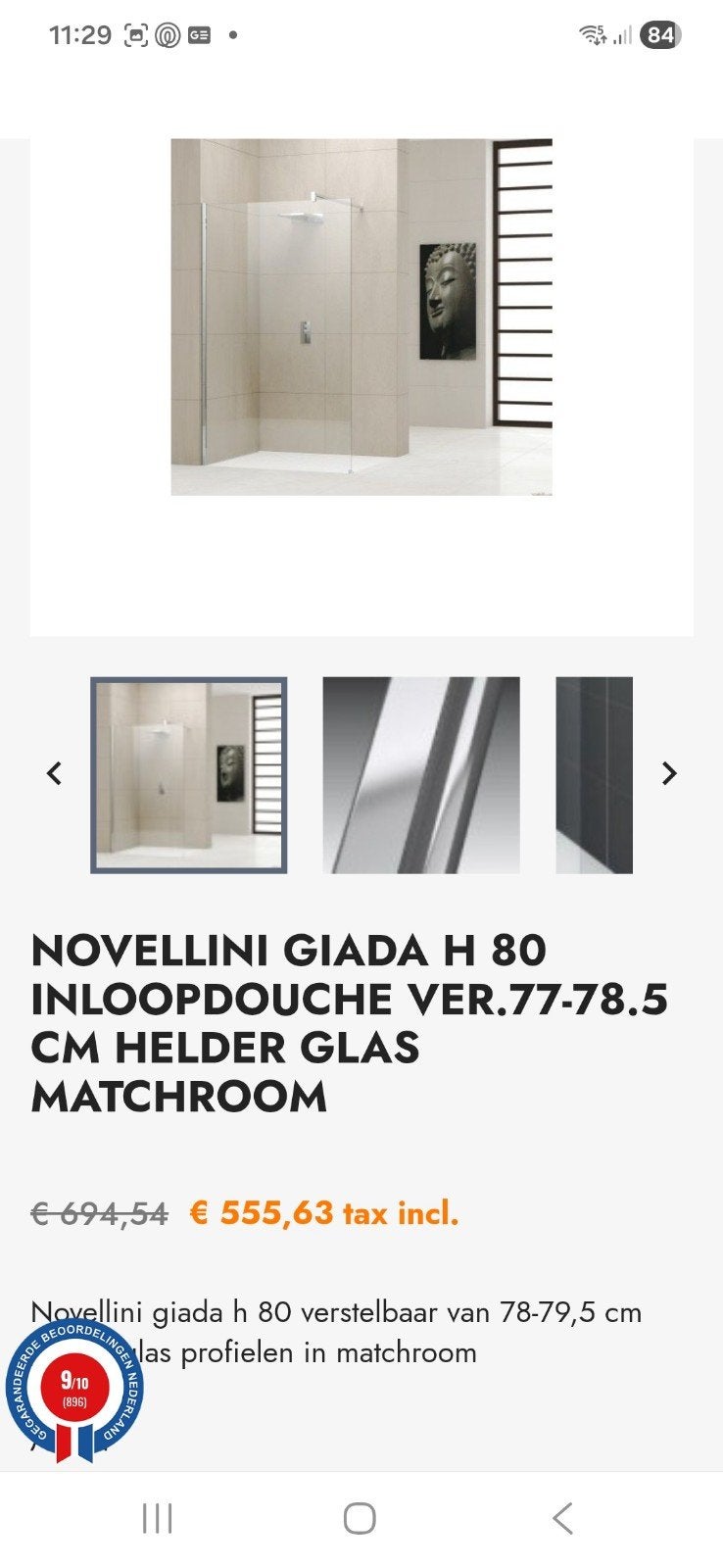 Novellini Giada H 80 Inloopdouche Helder Glas Matchroom, Ophalen, Nieuw, Glas, Douche