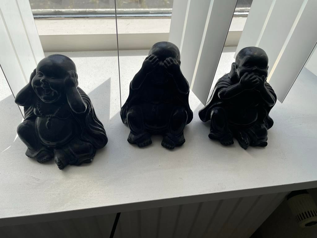 Horen, Zien, Zwijgen Boeddha Beeldjes - Zwart, Ophalen of Verzenden, Gebruikt