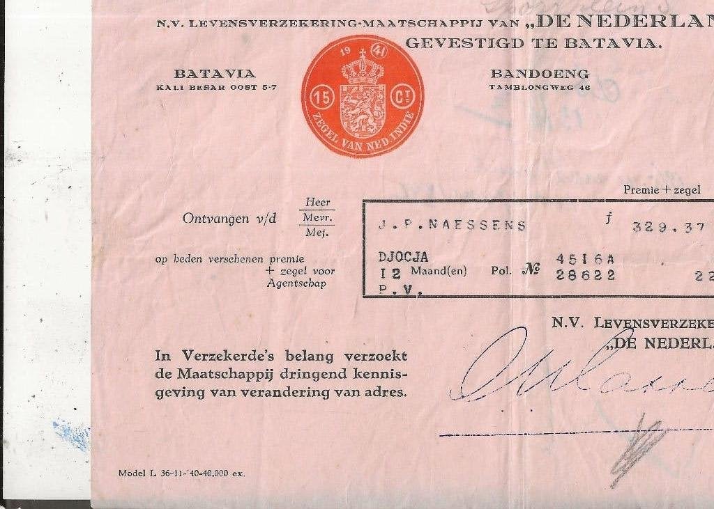 Ned Indie Batavia De Ned v 1845 22 mei 1941 JP Naessens, Ophalen of Verzenden, 1940 tot 1960, Gelopen, Buiten Europa