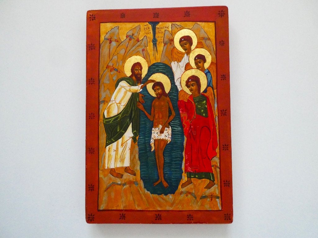 Handgeschilderd icoon De Doop van Jezus Christus, Ophalen of Verzenden