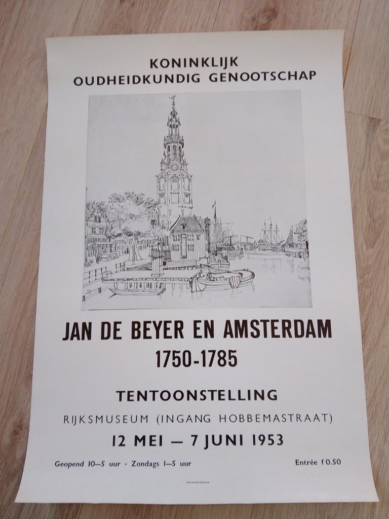 Tentoonstellingsposter Jan de Beyer en Amsterdam 1953, Rechthoekig Staand, Ophalen of Verzenden, Zo goed als nieuw, A1 t/m A3