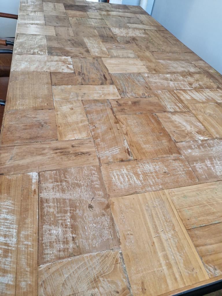 Unieke eettafel industrieel teak/ zware kwaliteit, Huis en Inrichting, Ophalen, 150 tot 200 cm, Teakhout, 200 cm of meer