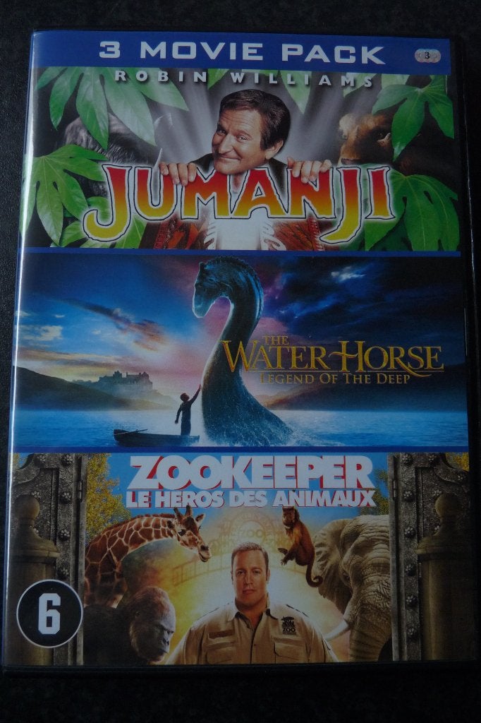 z.g.a.n 3 dvd box Jumanji, The waterhorse, Zookeeper, aktie,, Vanaf 6 jaar, Ophalen of Verzenden, Zo goed als nieuw