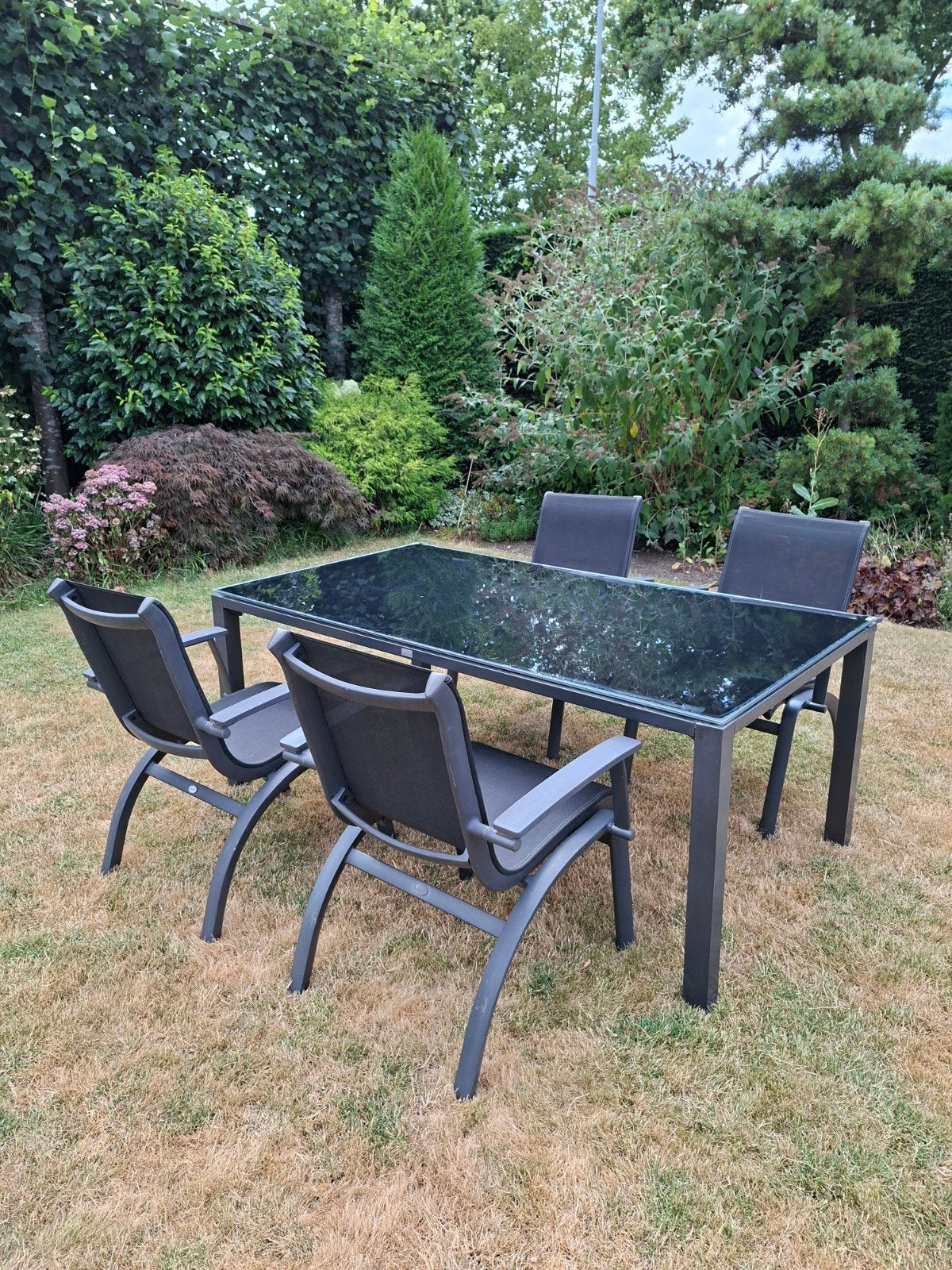 Tuinset met glazen tafel 1 x 2 meter  4 stoelen extra breed, Tuin en Terras, Ophalen, Gebruikt, Tuinset, Eettafel