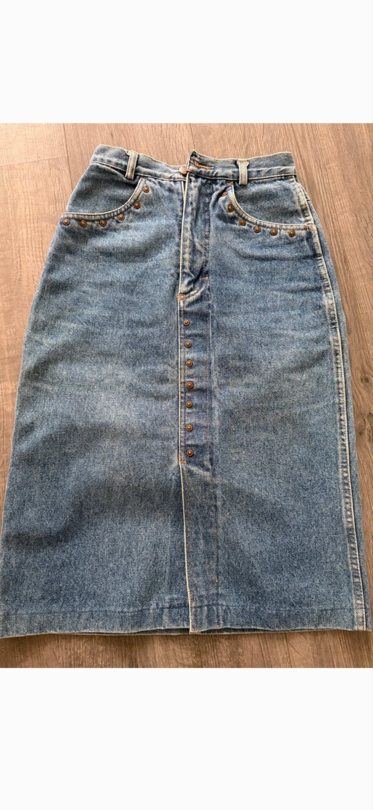 Vintage spijkerrok met knoopsluiting - Maat M, Blauw, Knielengte, Gedragen, Ophalen