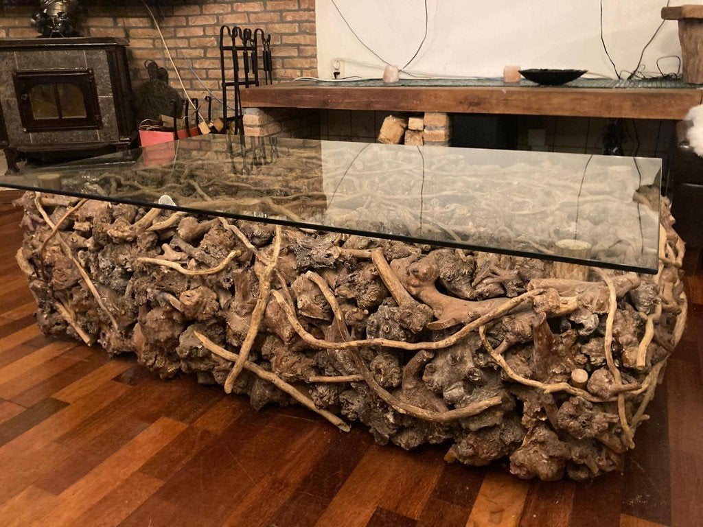 Unieke salontafel wortelhout / hout stammetjes, Huis en Inrichting, Ophalen, 100 tot 150 cm, Teakhout, 50 tot 100 cm