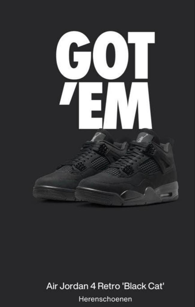 Jordan 4 Retro Black Cat - Maat 45 - Nieuw (Nike App), Ophalen, Nieuw, Zwart, Sneakers of Gympen