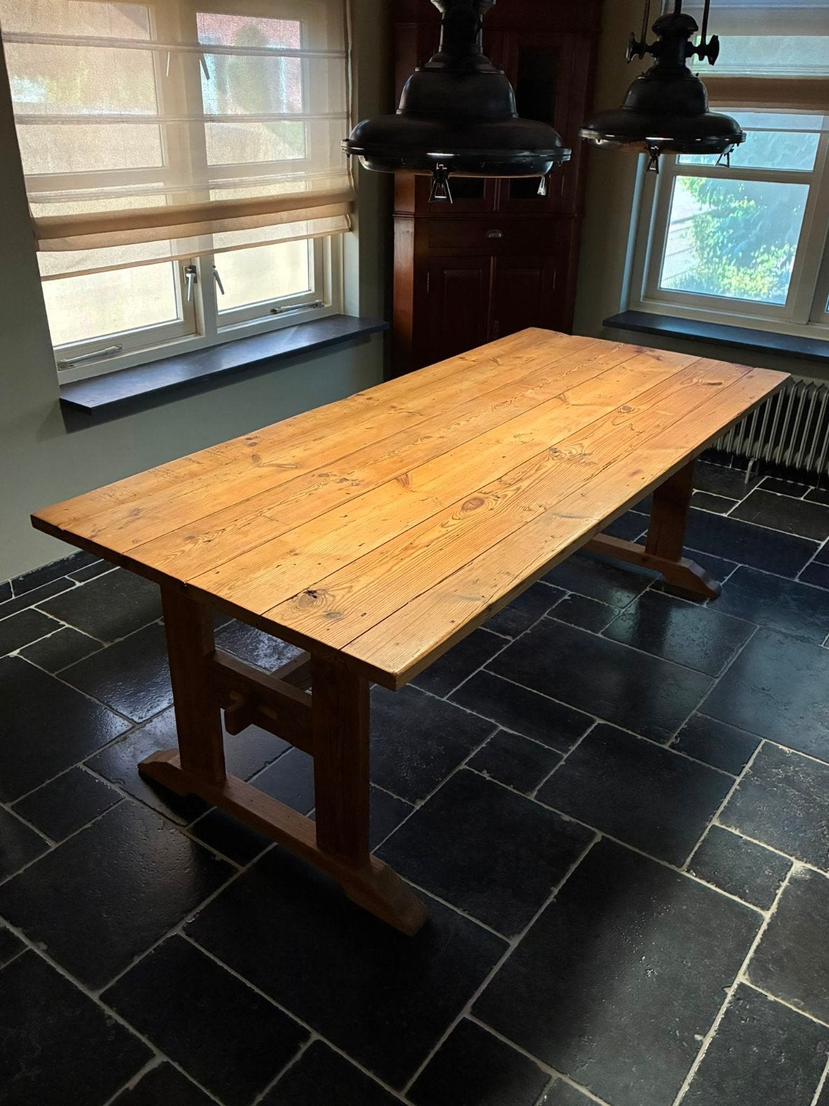 Robuuste grenen houten eettafel, Ophalen, Gebruikt, 200 cm of meer, 50 tot 100 cm