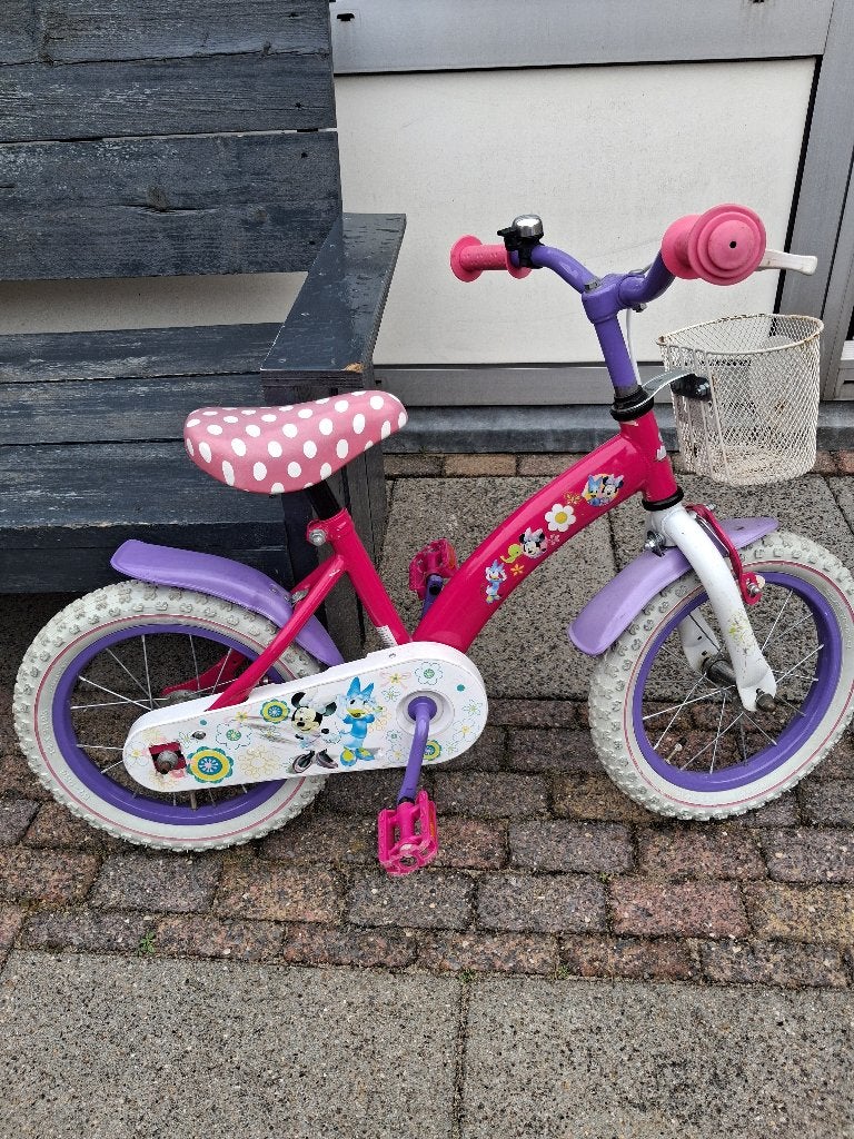 Te koop meisjesfiets Minni Mouse, Fietsen en Brommers, Fietsen | Meisjes, Terugtraprem, Gebruikt, 14 inch of minder, Handrem