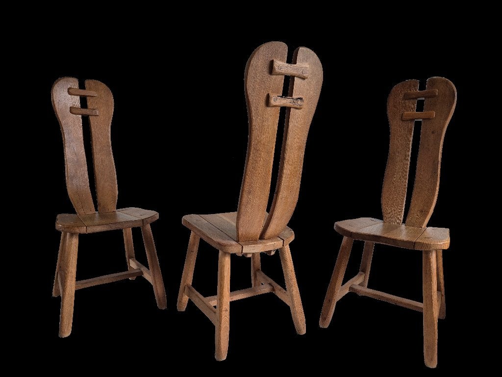 Schitterende vintage Brutalist De Puydt design stoelen, Ophalen, Gebruikt, Hout, Drie