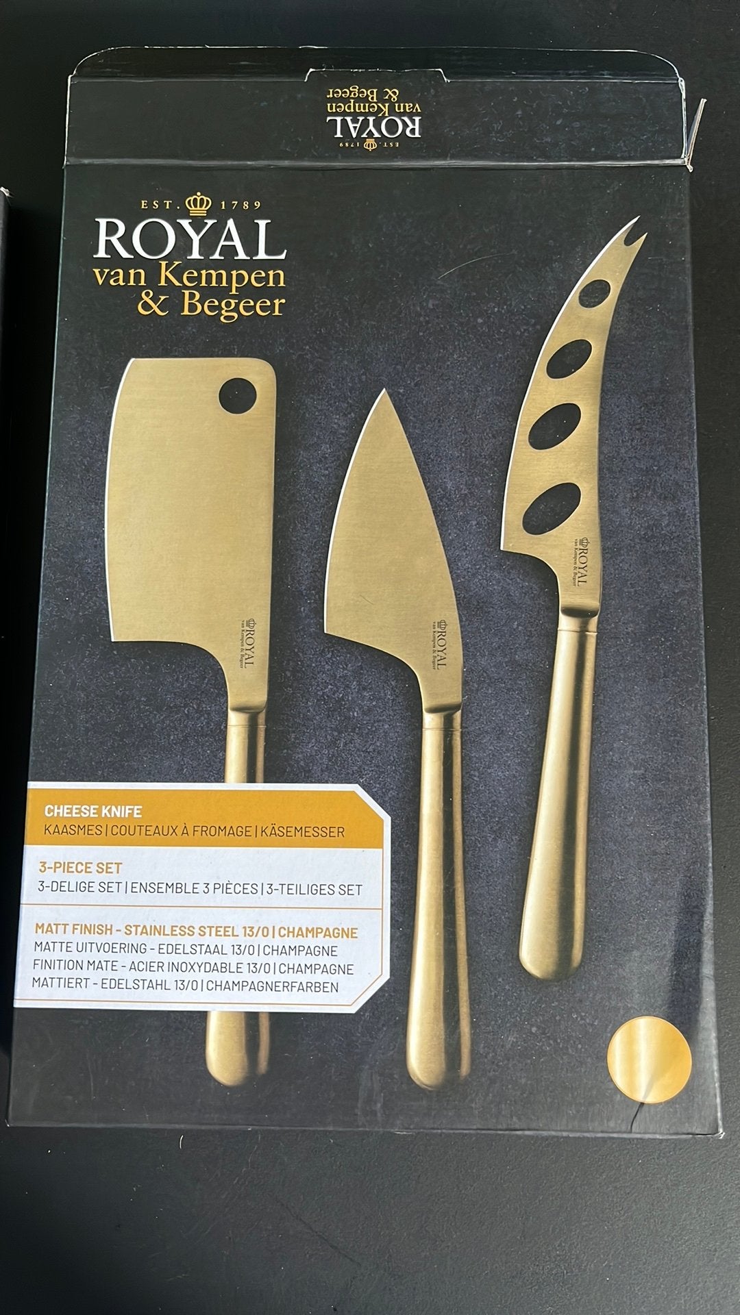 Royal van Kempen & Begeer Kaasmessenset - 3-delig Goud, Huis en Inrichting, Keuken | Bestek, Ophalen of Verzenden, Nieuw, Rvs of Chroom