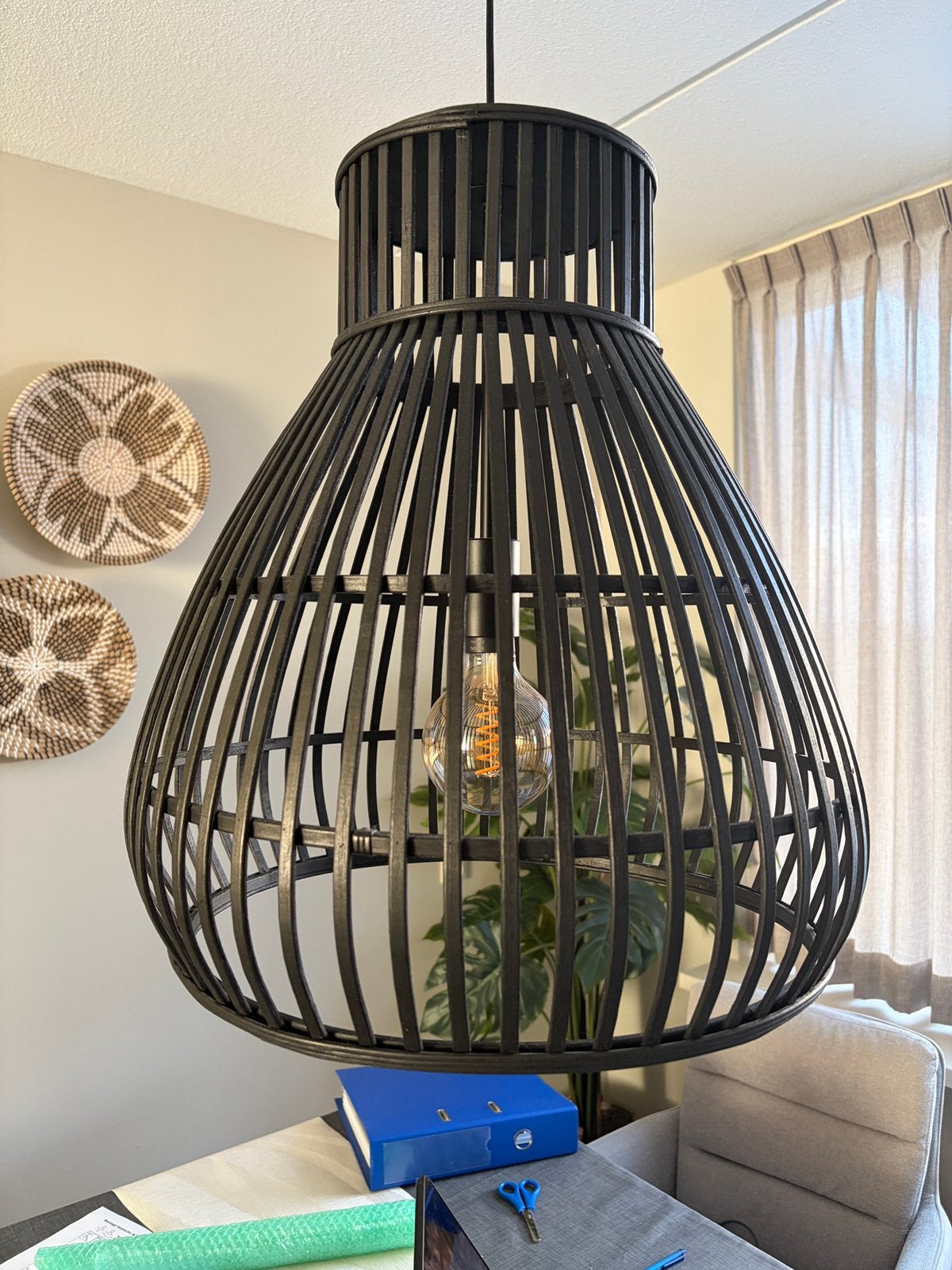Hanglamp bamboe zwart, Huis en Inrichting, Ophalen, Zo goed als nieuw, Zwart, Rond