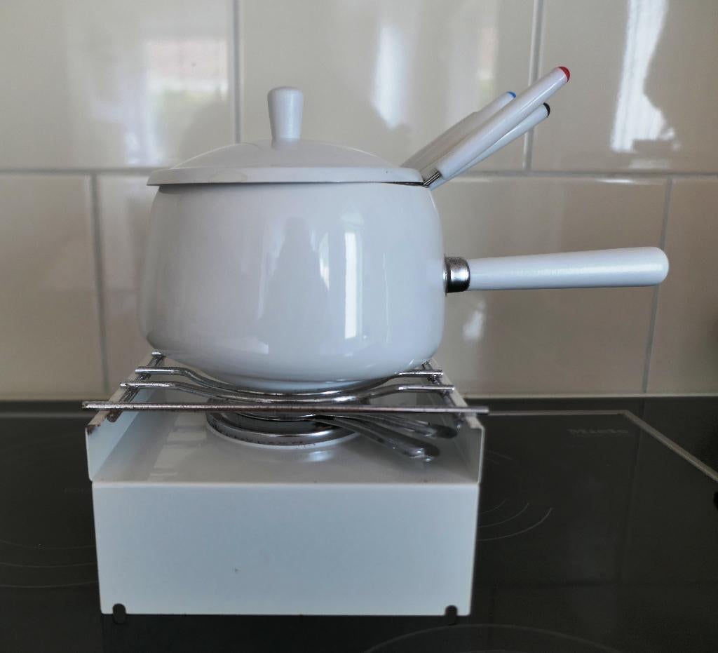 Fondueset wit emaille, Ophalen of Verzenden, Zo goed als nieuw, Brander, Fondueset