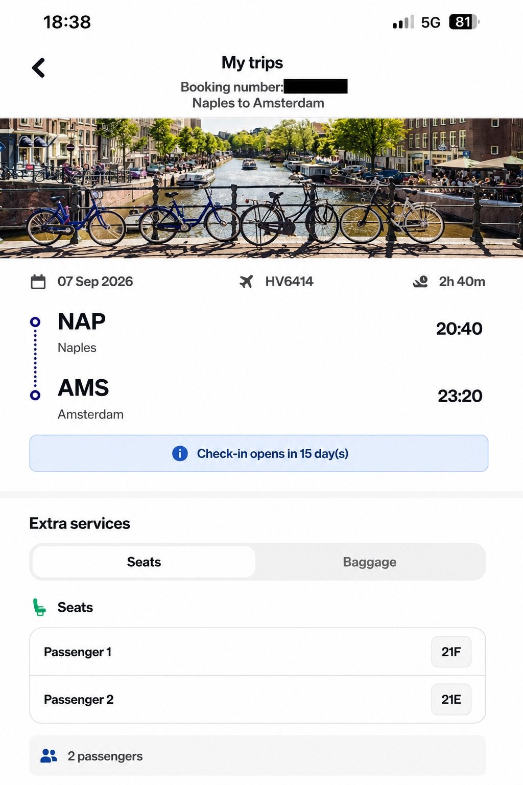 2 Transavia vliegtickets Napoli  Amsterdam, Twee personen, Vliegtuig, Nederland, Met bestemming of datum