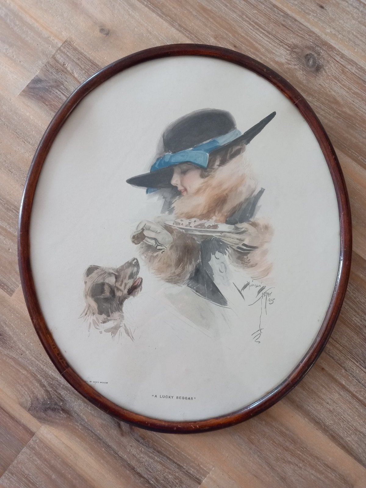 Vintage ronde prent 'A Lucky Beggar' in houten lijst, Antiek en Kunst, Kunst | Schilderijen | Klassiek, Ophalen of Verzenden