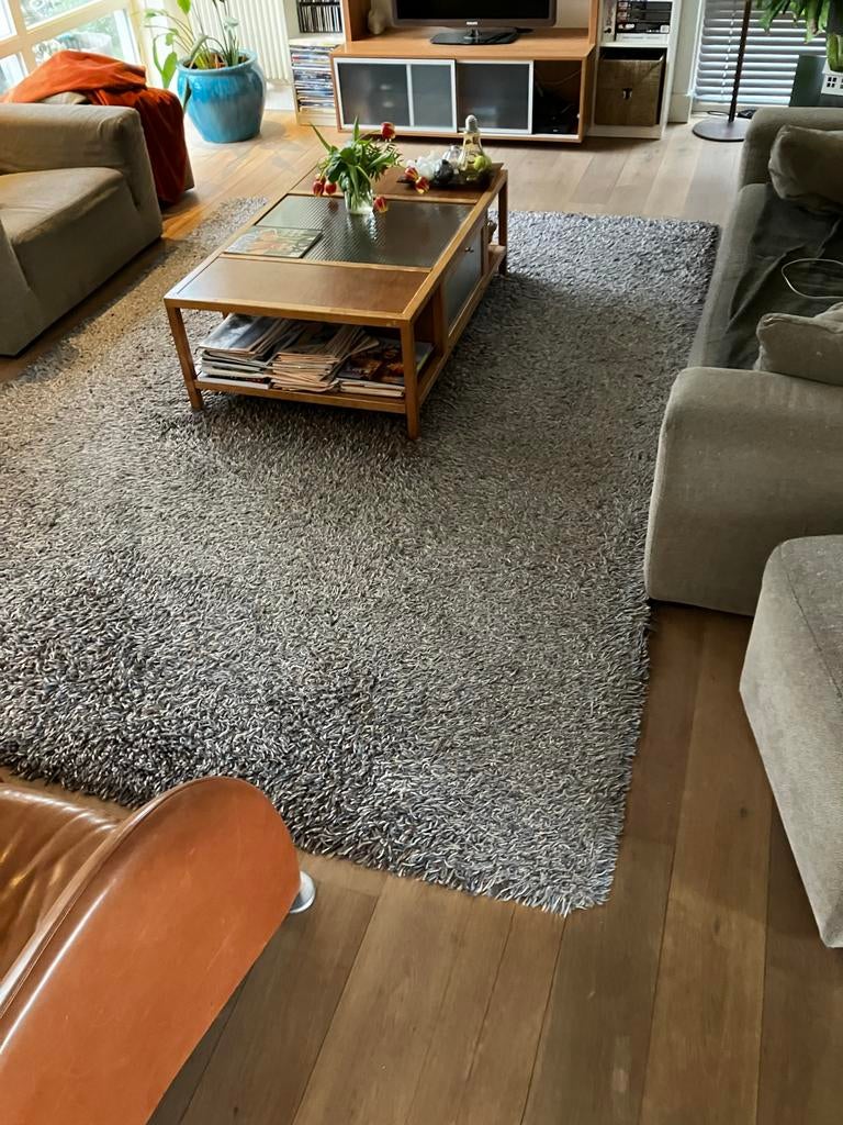 Hoog polig grijs gemêleerd wollen vloerkleed., Ophalen, Gebruikt, 150 tot 200 cm, 200 cm of meer