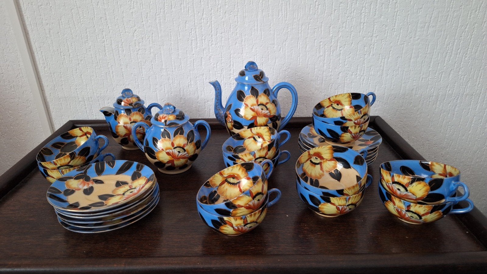 Antiek Japans theeservies met bloemmotief, blauw/geel, Ophalen of Verzenden