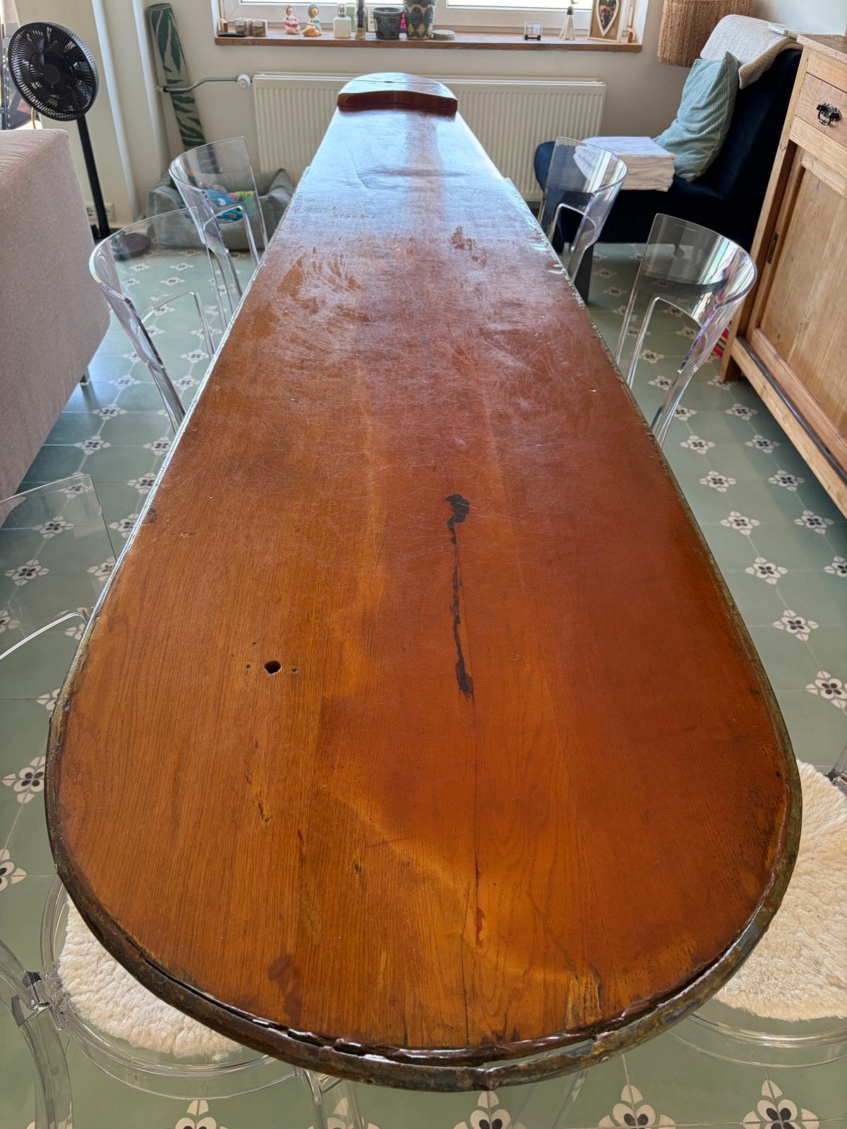 Unieke Eettafel van Schokker Zijwaard - 310x70cm, Ophalen, Gebruikt, 200 cm of meer, 50 tot 100 cm