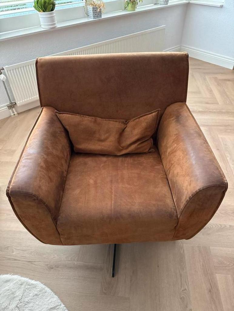 Montèl draaistoel – cognac microleder, Huis en Inrichting, Fauteuils, Ophalen, Zo goed als nieuw, 75 tot 100 cm, 50 tot 75 cm