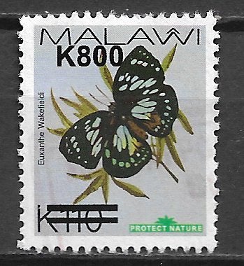 Malawi 2024 Vlinder overdruk nwe waarde K800 in zwart, Ophalen of Verzenden, Overige landen, Gestempeld