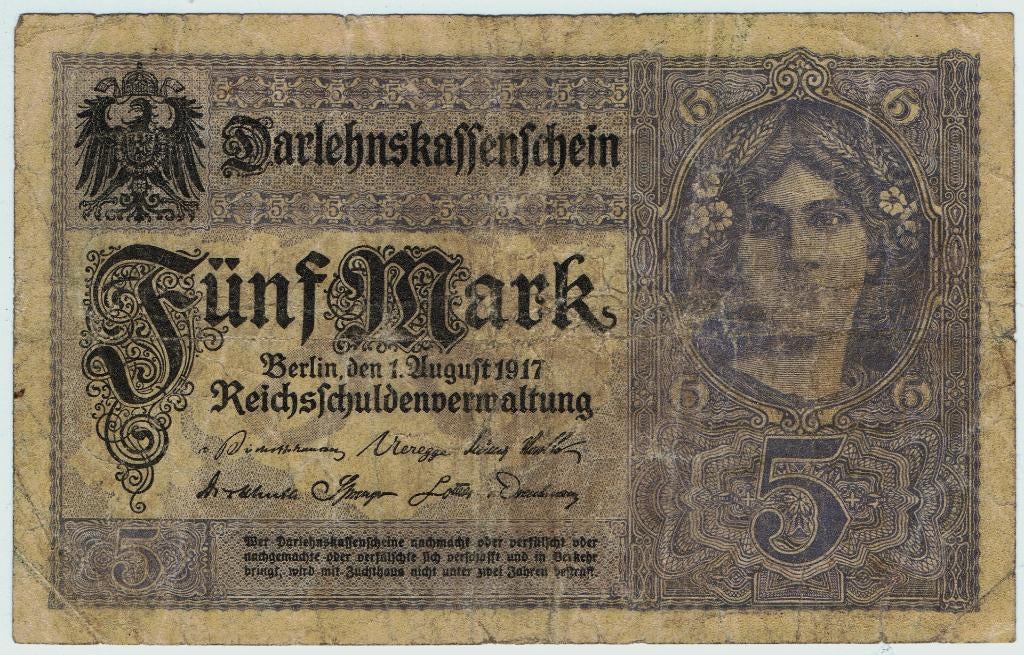 21-813 Duitsland 5 mark 1917, Postzegels en Munten, Bankbiljetten | Europa | Niet-Eurobiljetten, Ophalen of Verzenden, Duitsland